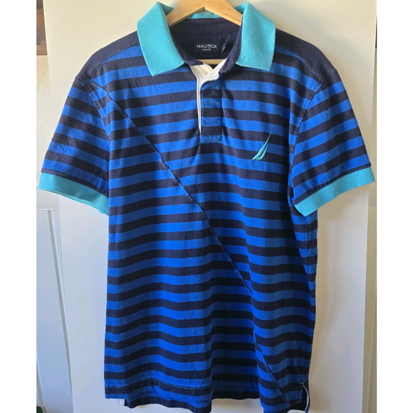 Vintage 90s Nautica Shirt Mens Large Blue Striped Rugby Polo Slim Fit Patch - Picture 1 of 6